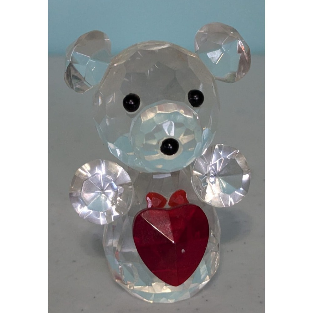 Glass Bear With Red Heart Paperweight 3" Figurine